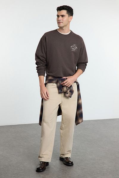 Trendyol Collection Oversize Καφέ Φούτερ - Εκτύπωση, Κέντημα και Fleece TMNAW25SW00153