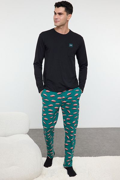 Trendyol Collection Черен стандартен комплект плетена пижама от 100% памук с принт за кола TMNAW25PT00011
