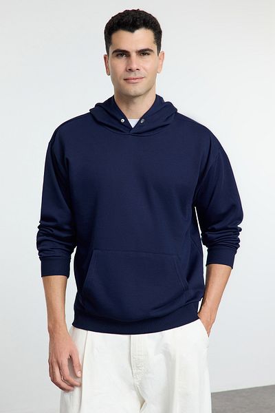 Trendyol Collection Тъмносин суитшърт с качулка и широк разкроен крой, тъмносин, с качулка и копчета, без подплънки TMNAW25SW00109