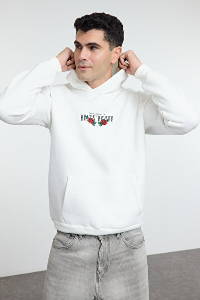 Kolekcia Trendyol Ecru Oversize Text Vytlačený kvet Vyšívaná fleecová mikina s kapucňou - Tmnaw25Sw00042