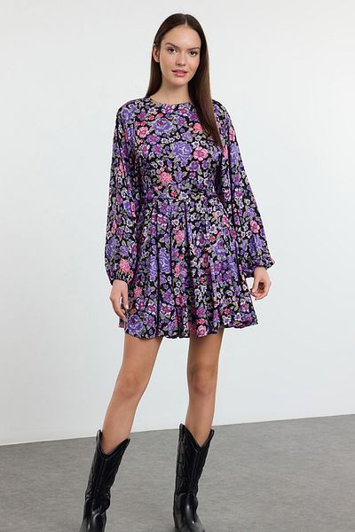 Trendyol Collection Μωβ Ζώνη Floral Μίνι Υφαντό Φόρεμα TWOAW24EL00739