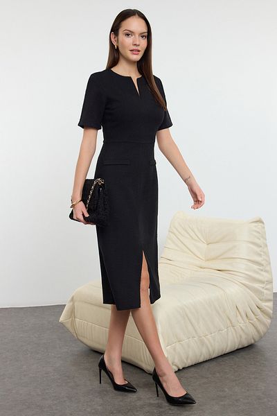 Trendyol Collection Black Belted A-Line Tweed Midi Woven Dress Twoaw25El00238
