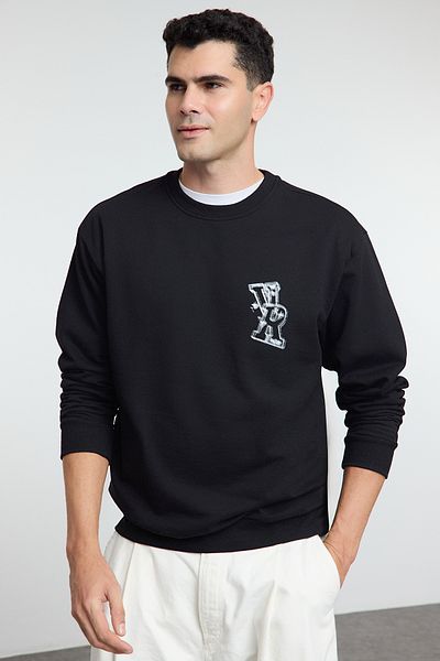Trendyol Collection Черен извънгабаритен суичър с щампа с букви - Tmnaw25sw00161