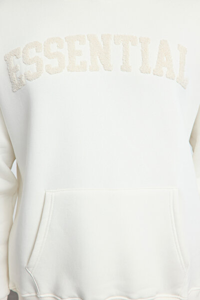 Trendyol Collection Екрю Оверсайз Широкий крій Вишиті написи Всередині фліс Теплий світшот з капюшоном TMNAW25SW00180