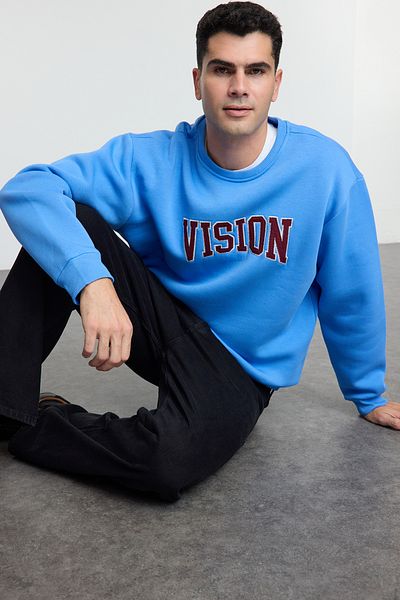 Kolekcia Trendyol Unisex modrá vyšívaná oversize fleecová mikina - Tmnaw25Sw00015