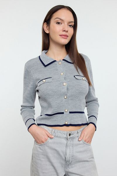 Trendyol Collection Gray Color Blocked Polo Collar Knitwear Cardigan Twoaw25Hi00300