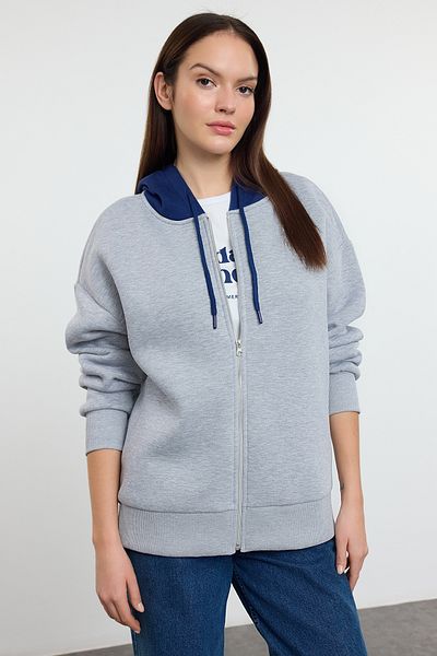 Trendyol Collection Gray Melange Color Blocked Oversize/Wide Fit Hooded Zippered Knitted Sweatshirt Twoaw25Sw00101