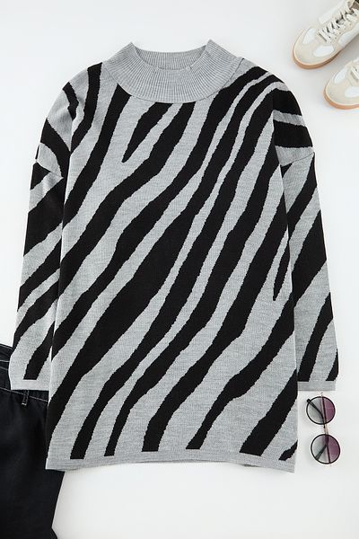 Edit by Trendyol Gray Zebra Patterned Half Turtleneck Sweater Tedaw25An00004