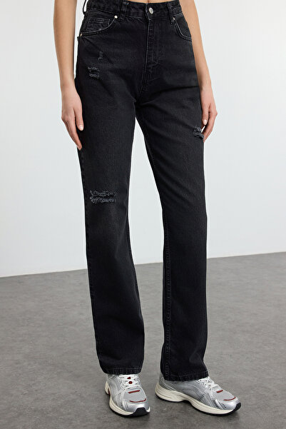Trendyol Collection Anthracite Ripped High Waist Long Straight Jeans Twoaw24Je00033