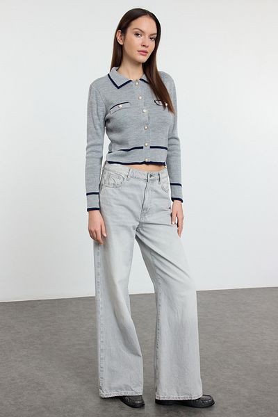 Trendyol Collection Gray Color Blocked Polo Collar Knitwear Cardigan Twoaw25Hi00300