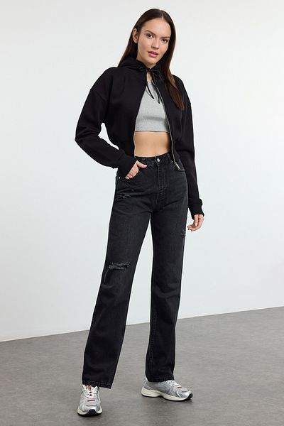 Trendyol Collection Blugi lungi drepti cu talie înaltă rupti antracit TWOAW24JE00033