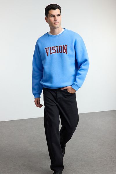 Kolekcia Trendyol Unisex modrá vyšívaná oversize fleecová mikina - Tmnaw25Sw00015