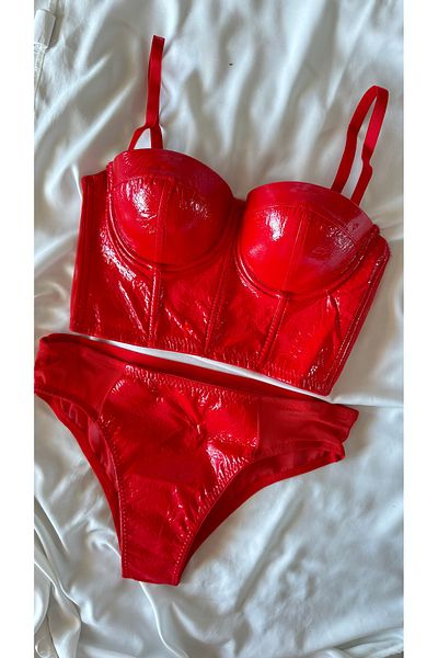 ROZENİN LINGERIE Leather Red Corset Supported Bustier Bra Set
