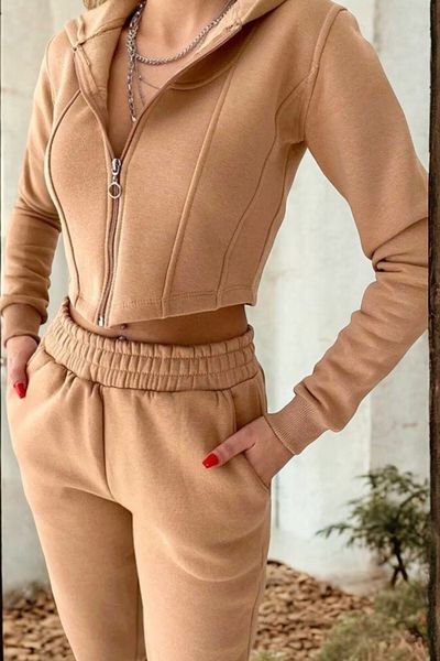 Flow Mi̇sseale Comfortable Fit Three Thread Crop Hooded Sweatshirt and Sweatpants Set