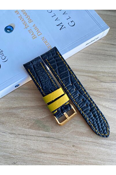 Prizma 22mm Siyah Croco Hakiki Deri Saat Kordonu. Sarı Tasarım.