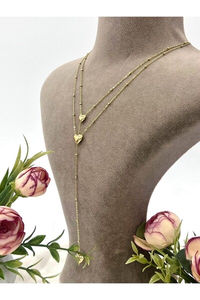 XUPING JEWELRY Toplu Zincir 3'lü Kalpli Çelik Kolye (18k Gold 42+5cm)