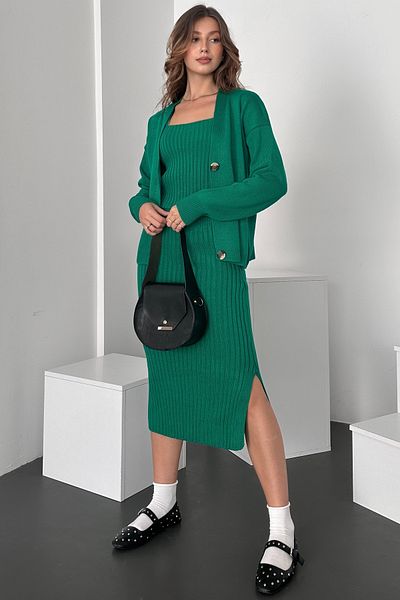 Fav Style Green Women's Knitwear Set - Thick Strap Blouse, Slit Skirt and Buttoned Cardigan