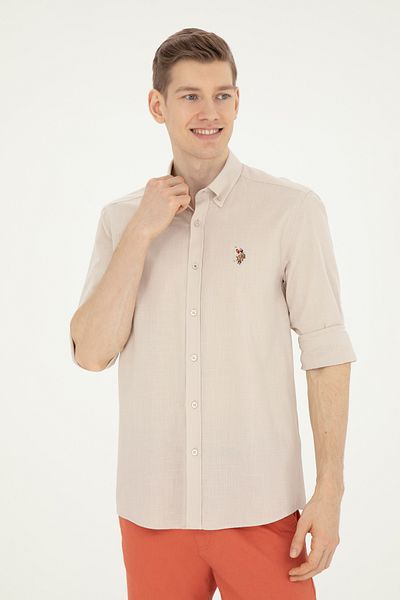 U.S. Polo Assn. Ανδρικό πέτρινο μακρυμάνικο πουκάμισο Basic 50282588 -VR049