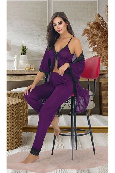 SİA LESS Purple Sexy Pajamas and Dressing Gown Set - 3-Piece Sling Nightgown Set