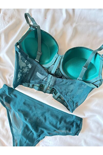 ROZENİN LINGERIE Δώρο Πρωτοχρονιάς Σετ σουτιέν με σμαραγδένιο πράσινο δαντέλα με κορσέ με επένδυση