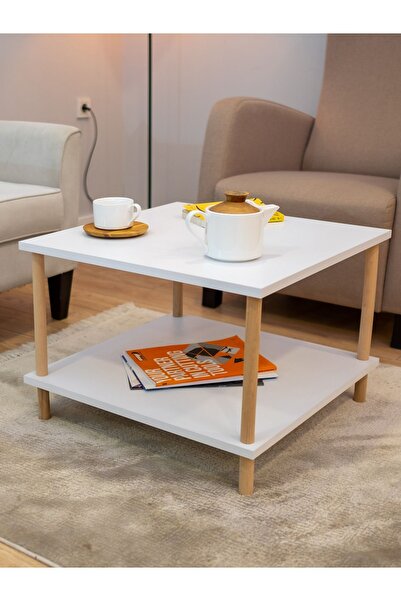 PEKA Kare Orta Sehpa Ahşap Ayaklı Sehpa Iki Raflı Sehpa Dekoratif Sehpa Gazetelikli - Beyaz - 60cm X 60cm