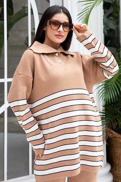 EBRUTESETTÜR Trucker Collar Striped Knitwear Set