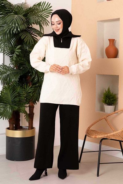 EBRUTESETTÜR Trucker Collar Zipper Detailed Knitwear Double Set