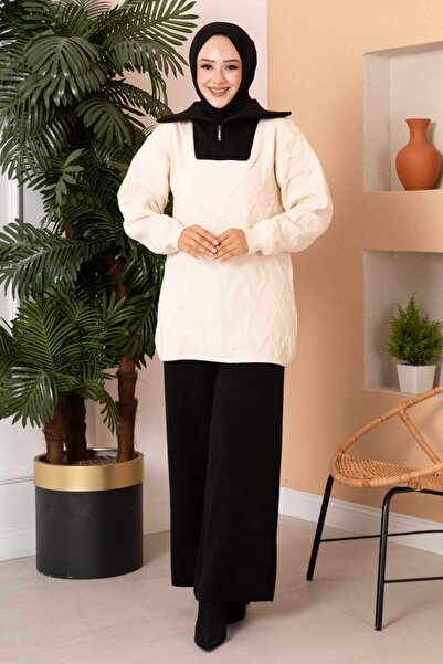 EBRUTESETTÜR Trucker Collar Zipper Detailed Knitwear Double Set