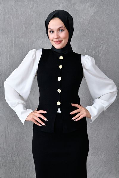 WOMAN VISION Modest Αμάνικο γιλέκο με κουμπιά και ψηλόμεσο μίντι φούστα στο κάτω μέρος Μαύρο πλεκτό κοστούμι 5155