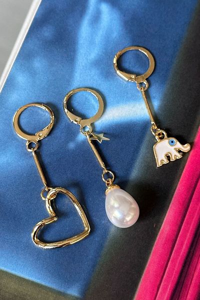 Trendy Butik Heart Pearl and Elephant Model Set Earrings