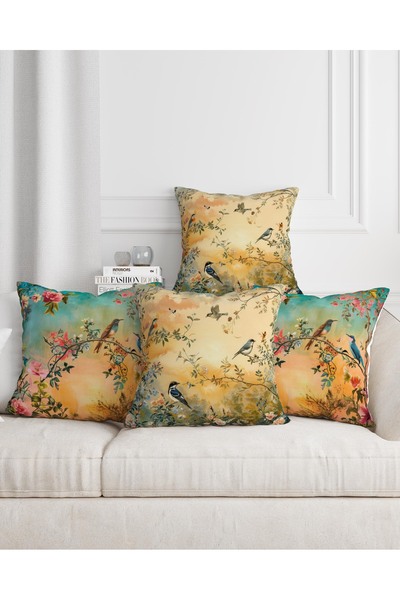 Şah Dekor Husă de pernă cu imprimeu digital din 4 piese, cu modele de păsări ...