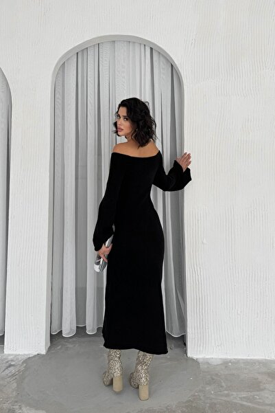 ZDABOUTİQUE Madonna Yaka İspanyol Kol Triko Siyah Kadın Elbise