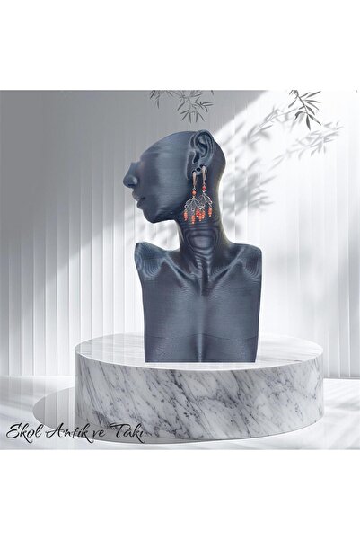 RENGARENG Rus çarlık dönemi kafkas el sanatı naturel mercanlı antik gümüş küpe