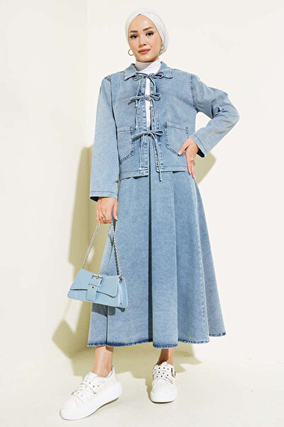 Mr marry طقم جينز مزدوج مع تنورة ودانتيل أمامي