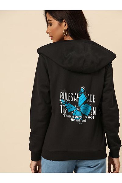 Pink Sky Women's Blue Butterfly Printed Hooded Zipper Sweatshirt