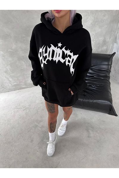 Kokosh moda Hanorac negru unisex imprimat cu glugă - trei fire