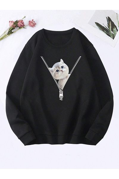 Pink Sky Cat Zipper Printed Crew Neck Unisex Black Oversize Sweatshirt
