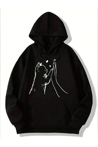 Pink Sky Cat Friendly Hand Printed Hooded Oversize Sweatshirt