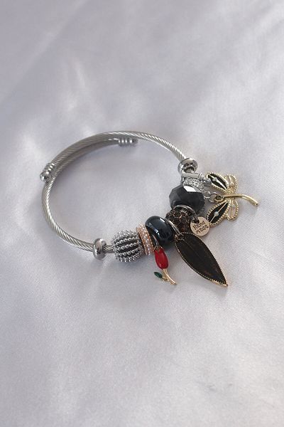 Skygo Black Butterfly Figured Steel Charm Bracelet - Leaf Detail, TJ-BB4795