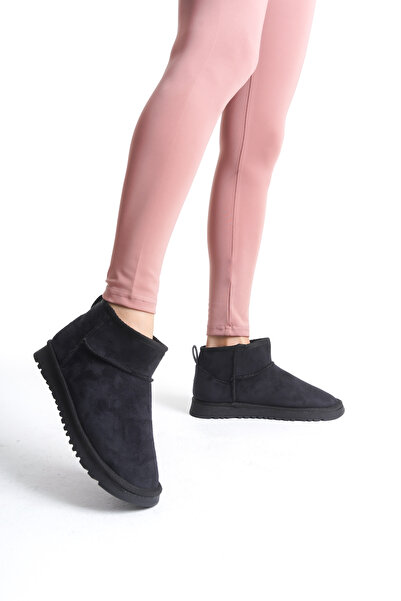 TOGET Siyah Kadın Bot İnce Taban Mini İçi Kürklü Süet Bot