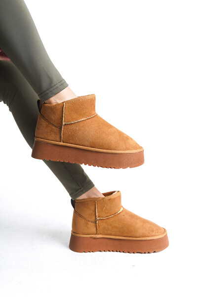 TOGET Kahverengi Kadın Bot Kalın Taban Mini İçi Kürklü Süet Bot