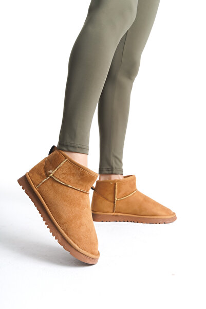 TOGET Kahverengi Kadın Bot İnce Taban Mini İçi Kürklü Süet Bot