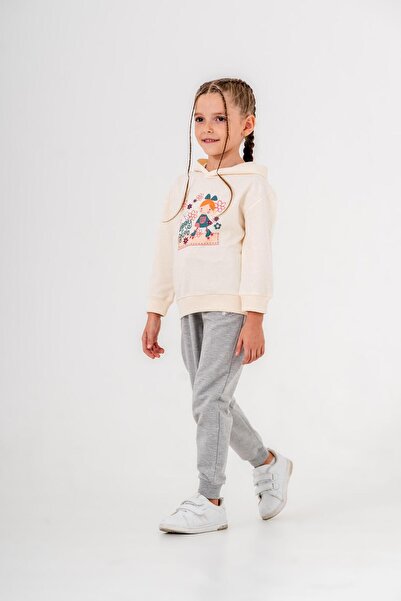 Mışıl Kids Happy Girl Printed Hooded Girl's Top and Bottom Tracksuit Set