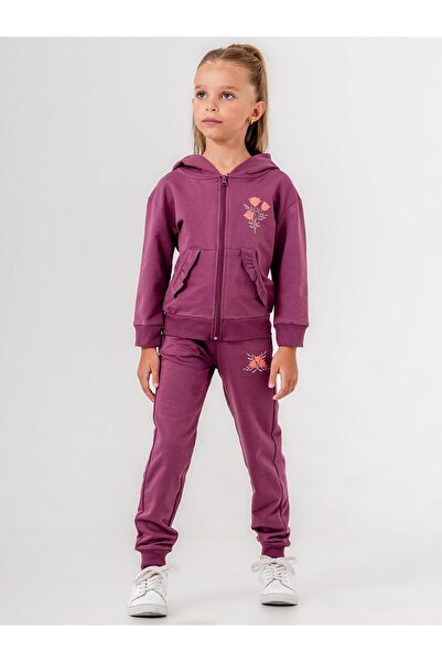 Mışıl Kids Çiçek Desenli Siyah Kapüşonlu Kız Çocuk Eşofman Takımı