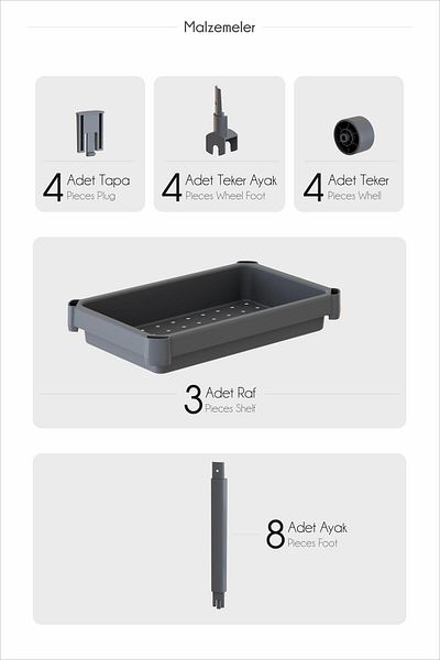 Bayev Jaja Grey Wide 3 Tier Τροχοφόρο Μπάνιο, Σχάρα Κουζίνας Θήκη για Πετσέτες Απορρυπαντικό Οργάνωση Μακιγιάζ
