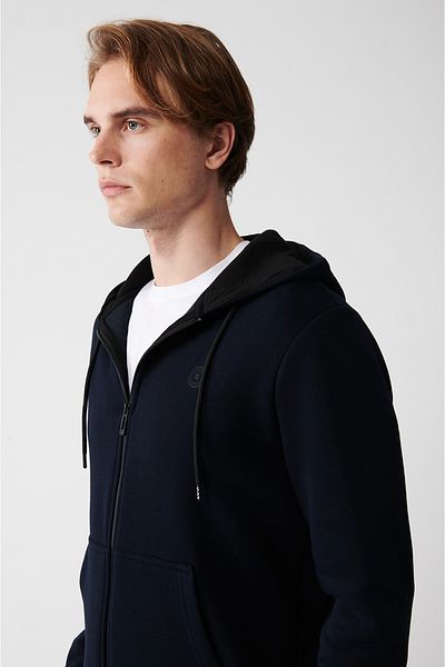 Avva Men's Navy Blue Hooded Raised 3 Thread Zippered Sweatshirt E 001019