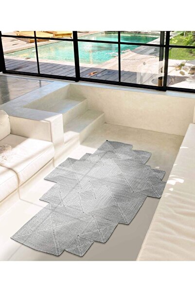 Koza Halı Boulder El Örmesi Kare Gri Pamuklu Yıkanabilir Halı Kilim Balkon Te...