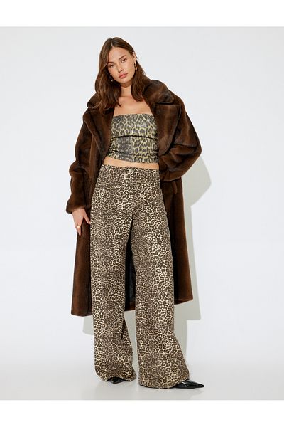 Koton X Inji - Wide Long Leg Regular Waist Buttoned Pocket Cotton Leopard Pants