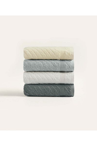 Koza Home Likya 4-Piece Face Dowry Towel Set - 100% Cotton, Jacquard Border, Cross Striped 1013a