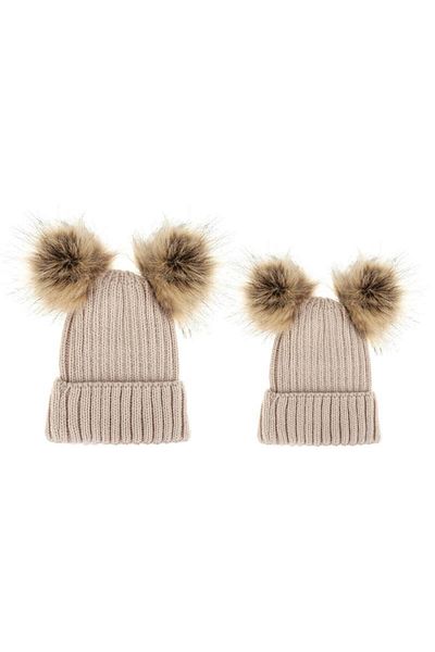 OEM Mother and child hat set with two Drool pompoms (Color: Gray)